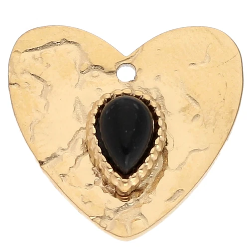 Colgante corazón martillado 17x18 mm - cabujón de vidrio acero inoxidable 304, Dorado - Negro x1
