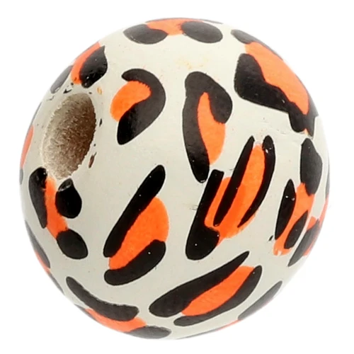 Cuentas de madera redondas 16 mm - Estampado leopardo - Blanco - naranja - negro x10