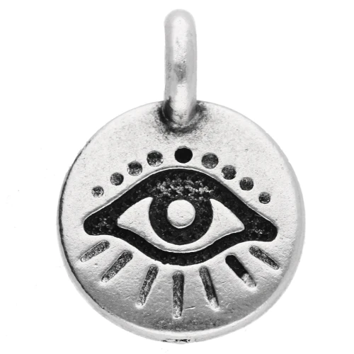 Dije redondo de 12 mm - motivo ojo - Chapado plateado fino envejecido x1