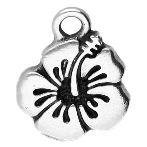 Dije flor de hibisco 17x14 mm - Chapado plateado fino envejecido x1