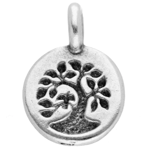 Dije redondo de 12 mm - motivo árbol de la vida - Chapado plateado fino envejecido x1