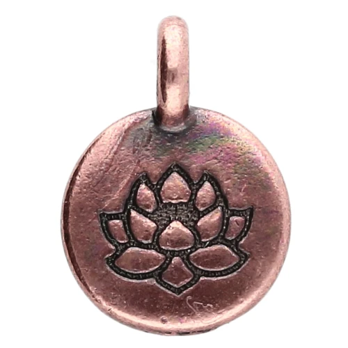 Dije redondo de 12 mm - motivo flor de loto - Cobre envejecido x1