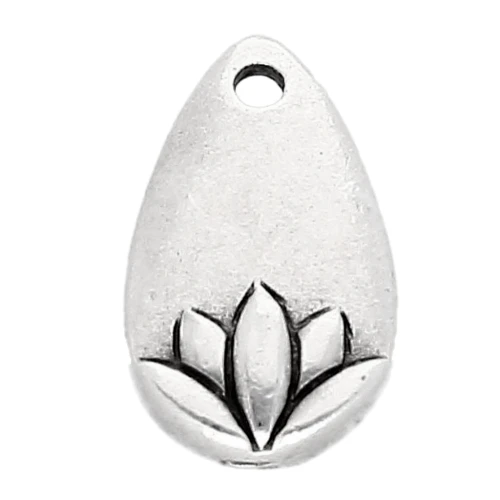 Dije de gota 13x8 mm - Motivo flor de loto - Chapado plateado fino envejecido x1