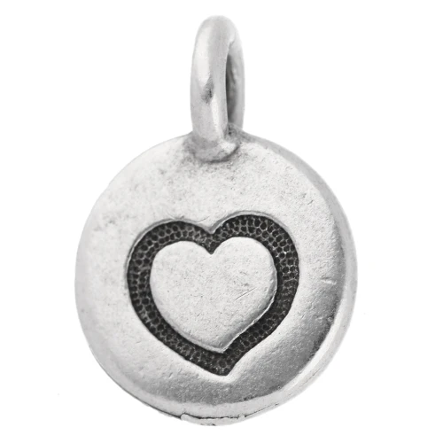 Dije redondo de 12 mm - motivo corazón - Chapado plateado fino envejecido x1