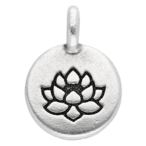 Dije redondo 12 mm - motivo flor de loto - Chapado plateado fino envejecido x1
