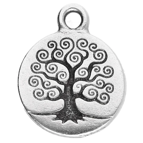 Dije redondo de 15,5 mm - motivo árbol de la vida - Chapado plateado fino envejecido x1