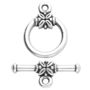 Cierre redondo en T de 16 mm - motivo flor - Chapado plateado fino envejecido x1