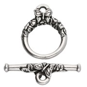 Cierre redondo en T de 15 mm - motivo mariposa - Chapado plateado fino envejecido x1