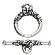 Cierre redondo en T de 15 mm - motivo mariposa - Chapado plateado fino envejecido x1