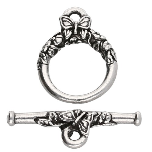 Cierre redondo en T de 15 mm - motivo mariposa - Chapado plateado fino envejecido x1