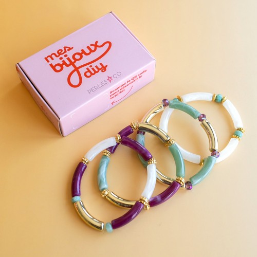 Mes bijoux DIY - Kit de 4 pulseras elásticas con cuentas tubulares - Versión dorada