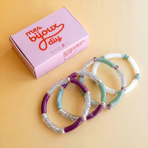 Mes bijoux DIY - Kit de 4 pulseras elásticas con cuentas tubulares Versión Plata