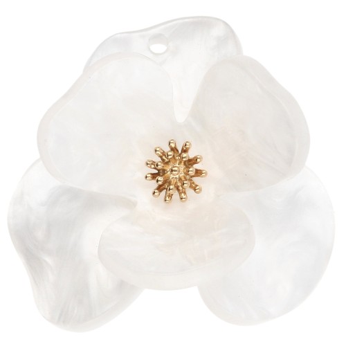 Colgantes flor en relieve 40 mm en Acrílico Acero inoxidable Dorado Blanco jaspeado x2