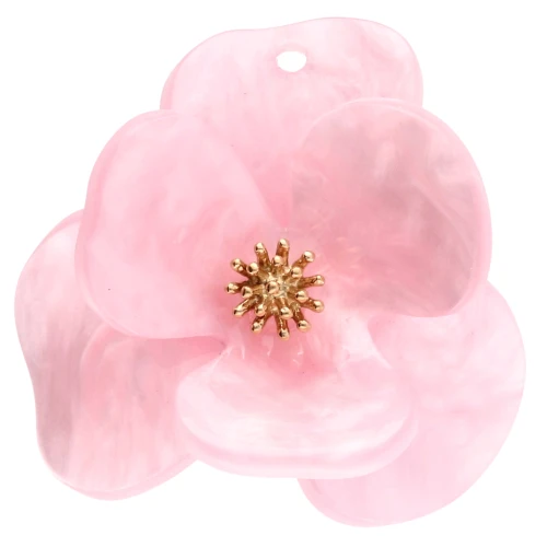 Colgantes flor en relieve 40 mm Acrílico Acero inoxidable Dorado Rosa claro jaspeado x2