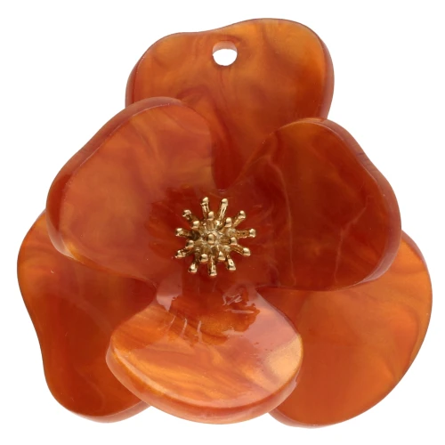 Colgantes flor en relieve 40 mm en Acrílico Acero inoxidable Dorado Naranja jaspeado x2