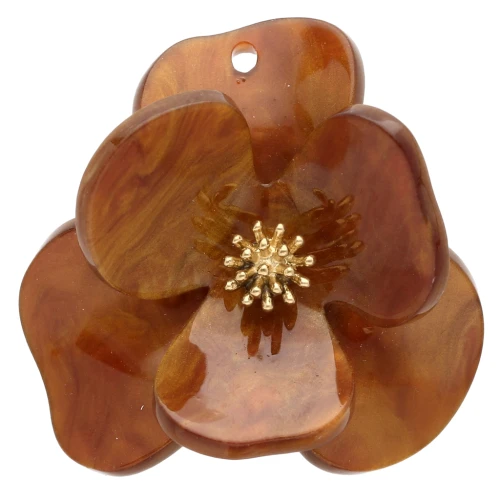 Colgantes flor en relieve 40 mm Acrílico Acero inoxidable Dorado Marrón jaspeado x2