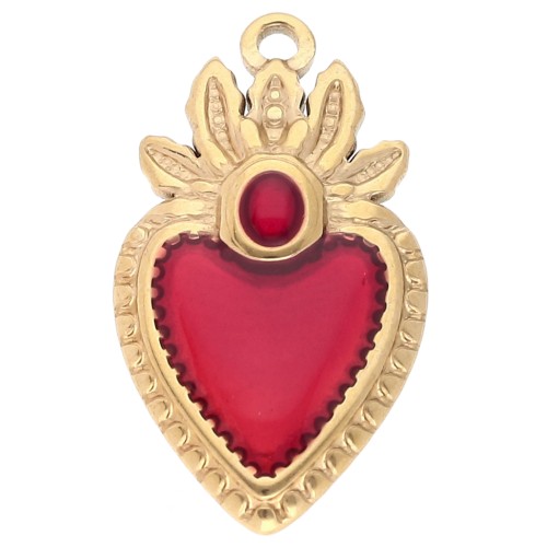 Ex-voto colgante corazón 28x16 mm resina epoxi acero inoxidable 304 Dorado - Rojo x1