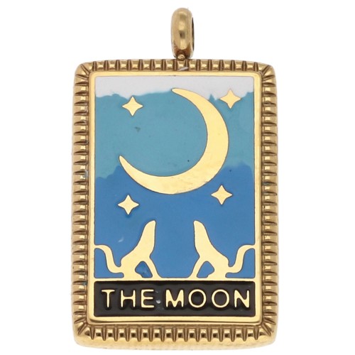 Colgante Carta del Tarot 26x15 mm La Luna Resina Epoxi - Acero Inoxidable 304 Azul Dorado x1