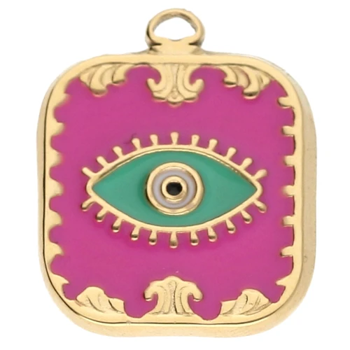 Colgante ojo rectángulo 20x16mm Resina epoxi Acero inoxidable 304 Dorado Fucsia x1