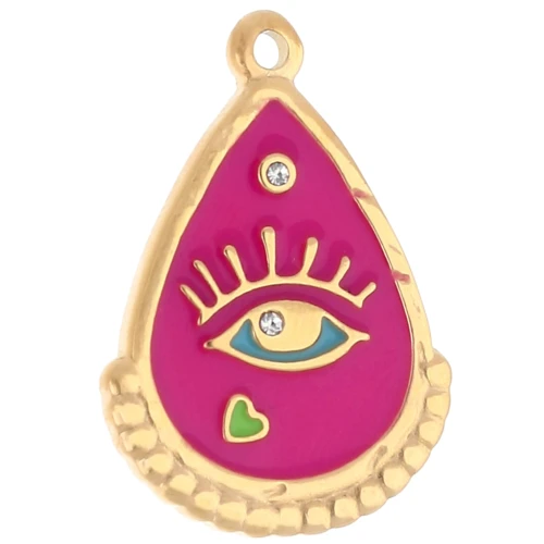 Colgante Ojo 26x18mm Resina Epoxi - Acero Inoxidable 304 Dorado Fucsia x1