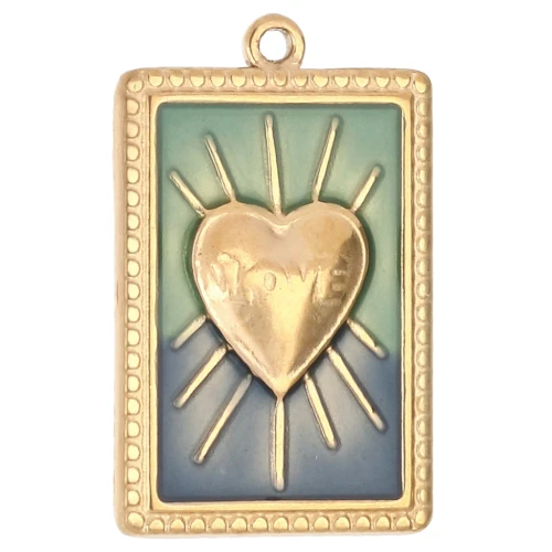 Colgante rectángulo motivo corazón resina epoxi 28x18 mm acero inoxidable 304 Dorado Azul x1