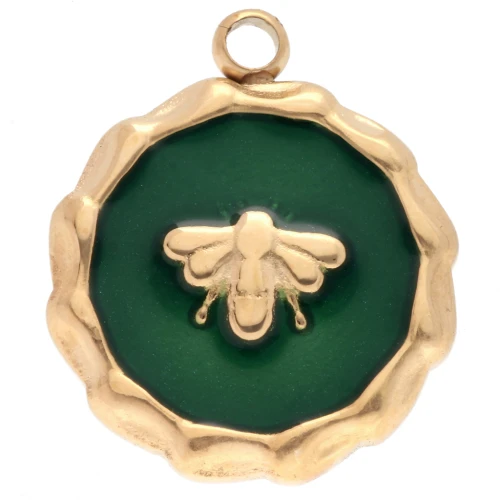 Dije de abeja redondo 15 mm Resina epoxi - Acero inoxidable 304 Dorado - Verde x1