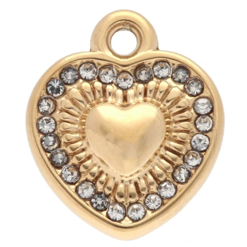 Dije corazón 13x11 mm con strass - Acero inoxidable 304 Dorado - Cristal x1