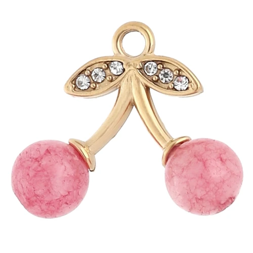 Dije de cereza 15x18 mm con resina y strass - Acero inoxidable chapado en oro 304 - Rosa x1