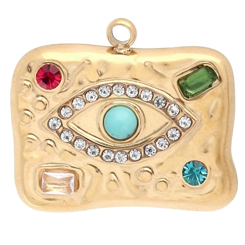Colgante rectángulo 19x21mm con motivo ojo y strass Acero inoxidable 304 Dorado - Multicolor