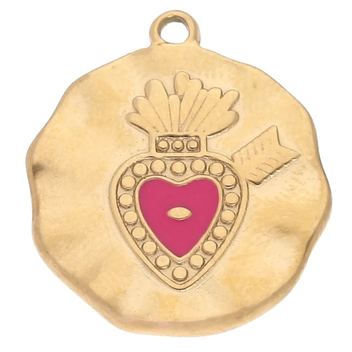 Colgante redondo Corazón Ex voto 19 mm Resina epoxi Acero inoxidable 304 Dorado rosa x1