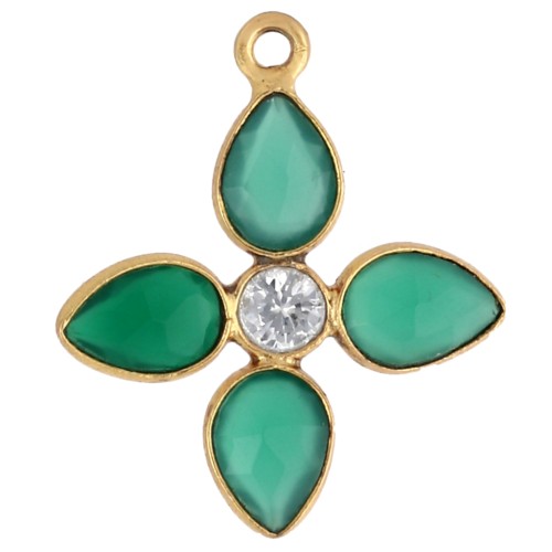 Colgante flor 24x21 mm gema tintada y CZ - Dorado con oro fino - Onix verde