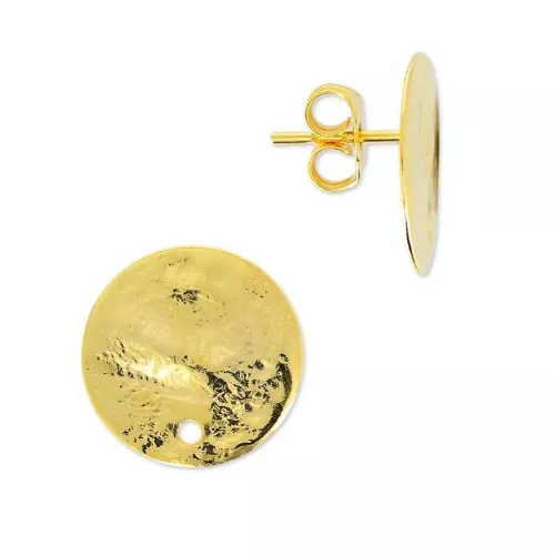 Pendientes disco martillado un agujero 10 mm dorado con oro fino x2