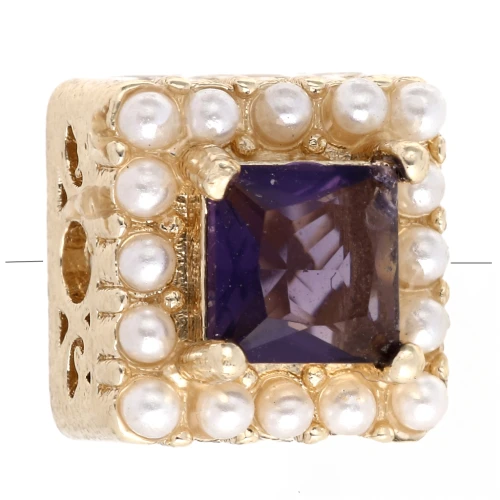 Cuenta cuadrada de 9 mm - Cabujones de nácar y óxido de circonio - Dorado con oro fino - Violeta