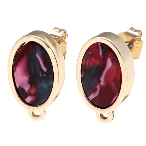 Pendientes ovalados 16x10 mm con resina epoxi - Oro - Rojo jaspeado - Azul x2