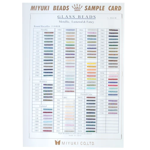Carta de colores de Rocalla Miyuki 11/0 - Tarjeta de muestras (n.º 853/R): metalizados, brillantes y de fantasía