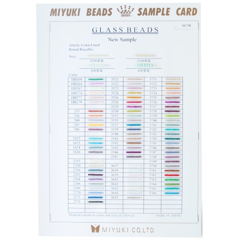 Muestra de colores de Rocalla Miyuki 6/0, 8/0, 11/0 y 15/0 (n.º 867/R) Colord Lined