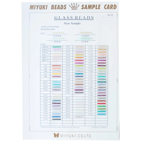 Muestra de colores de Rocalla Miyuki 6/0, 8/0, 11/0 y 15/0 (n.º 867/R) Colord Lined