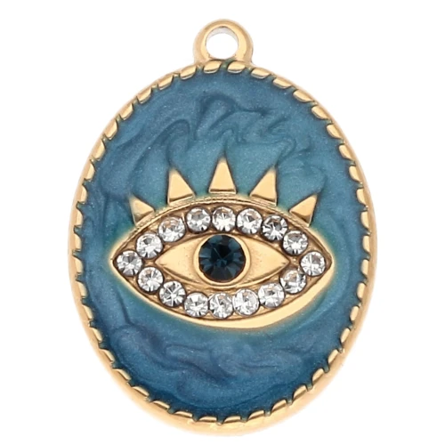 Colgante ojo oval 20x15 mm - epoxi y strass - Acero inoxidable 304 Oro - Azul
