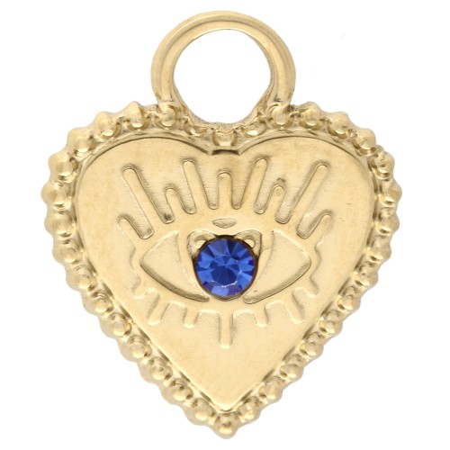Colgante corazón 15,5x13 mm motivo ojo con strass - Acero inoxidable 304 Oro - Azul x1