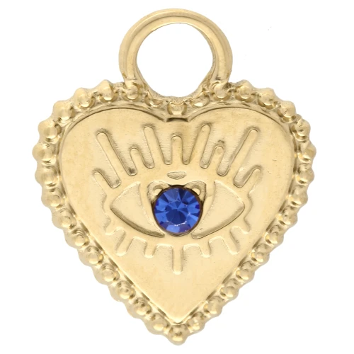 Colgante corazón 15,5x13 mm motivo ojo con strass - Acero inoxidable 304 Oro - Azul x1