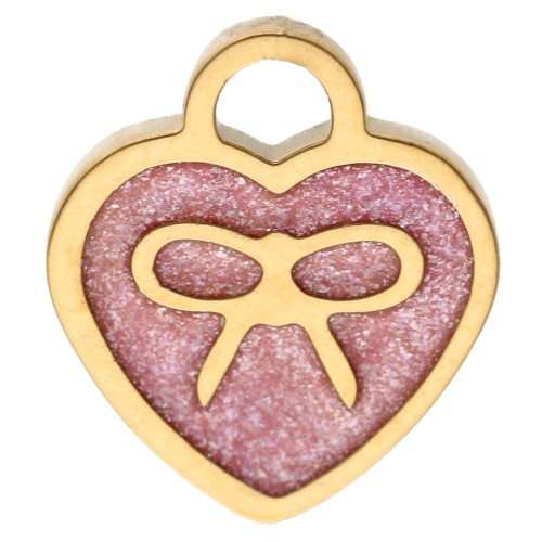 Colgante corazón 10x9 mm lazo y motivo epoxi - Acero inoxidable 304 Oro - Brillo rosa