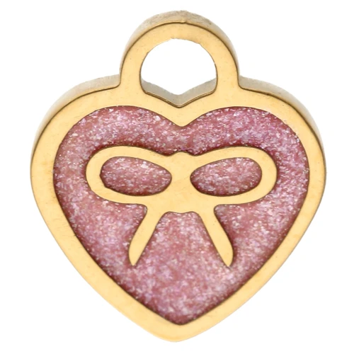 Colgante corazón 10x9 mm lazo y motivo epoxi - Acero inoxidable 304 Oro - Brillo rosa