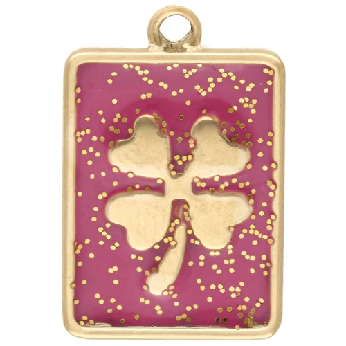Colgante trébol rectángulo 18x12 mm - Acero inoxidable 304 Oro - Purpurina rosa