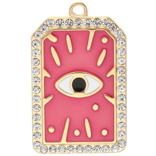 Colgante rectángulo 34x21 mm con motivo ojo epoxi y strass acero inoxidable 304 oro - Rosa