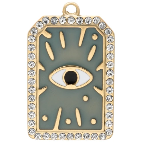 Colgante rectángulo 34x21 mm con motivo ojo epoxi y strass Acero inoxidable 304, dorado - Sage