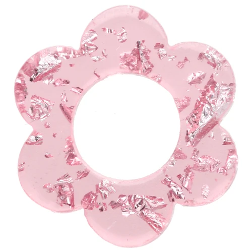 Colgante flor acrílico 14 mm - Rosa transparente - Purpurina plateada x1