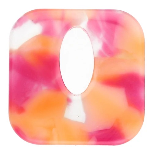 Colgante cuadrado de acetato, hueco 21 mm - Transparente jaspeado - Rosa intenso - Naranja