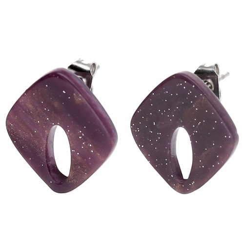 Pendientes de diamantes huecos 16x14 mm acrílico - Violeta jaspeado brillo x2