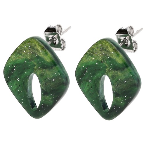 Pendientes de diamantes huecos 16x14 mm acrílico - Verde oscuro jaspeado purpurina x2