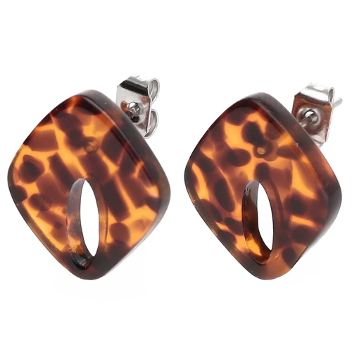 Pendientes diamante hueco 16x14 mm acetato - Marrón terrazo - Negro x2